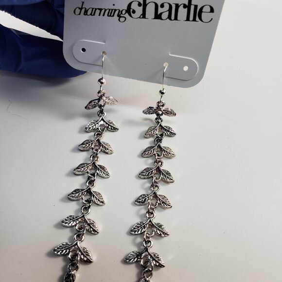 3.75 Inch Textured Metal Leaves Design Drop Dangle Earrings - Silver Tone Finish - Picture 6 of 9